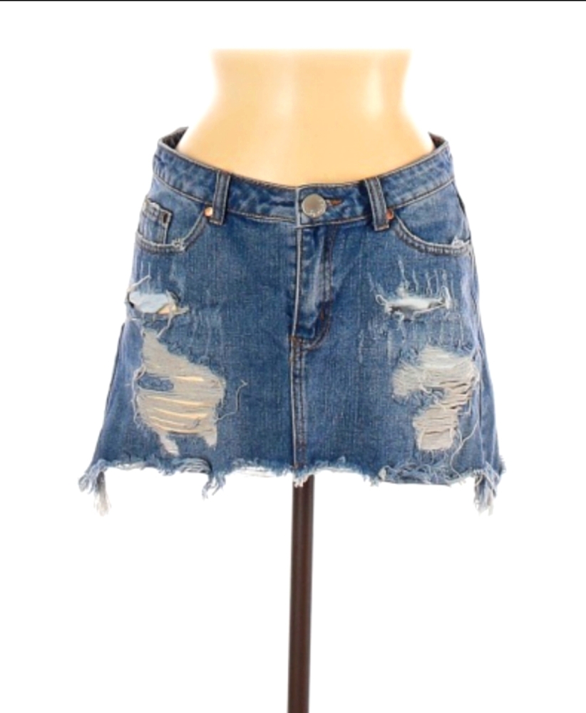 Signature Eight distress jean skirt.